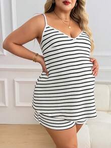 Plussiva Maternity Plus Size Summer Casual Striped Camisole And Shorts 2 Pieces Set - Black and White - View 3