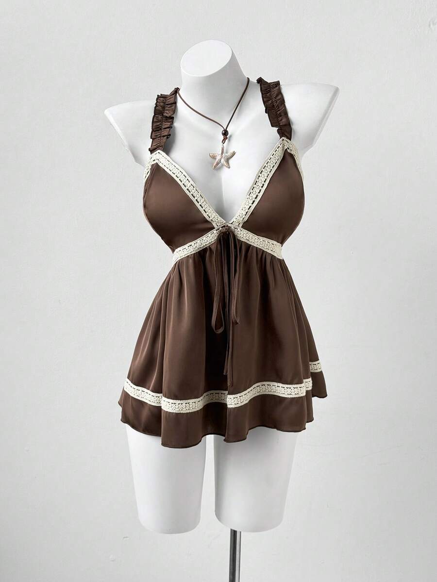 Sunspun New Arrival Sweet Elegant Going Out Tops, Bow Accent, Acetate Linen Blend Lace Trim Bowknot Ruffle Hem Cropped Camisole, Spring/Summer/Fall - Coffee Brown - View 1