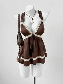 Sunspun New Arrival Sweet Elegant Going Out Tops, Bow Accent, Acetate Linen Blend Lace Trim Bowknot Ruffle Hem Cropped Camisole, Spring/Summer/Fall - Coffee Brown - View 5