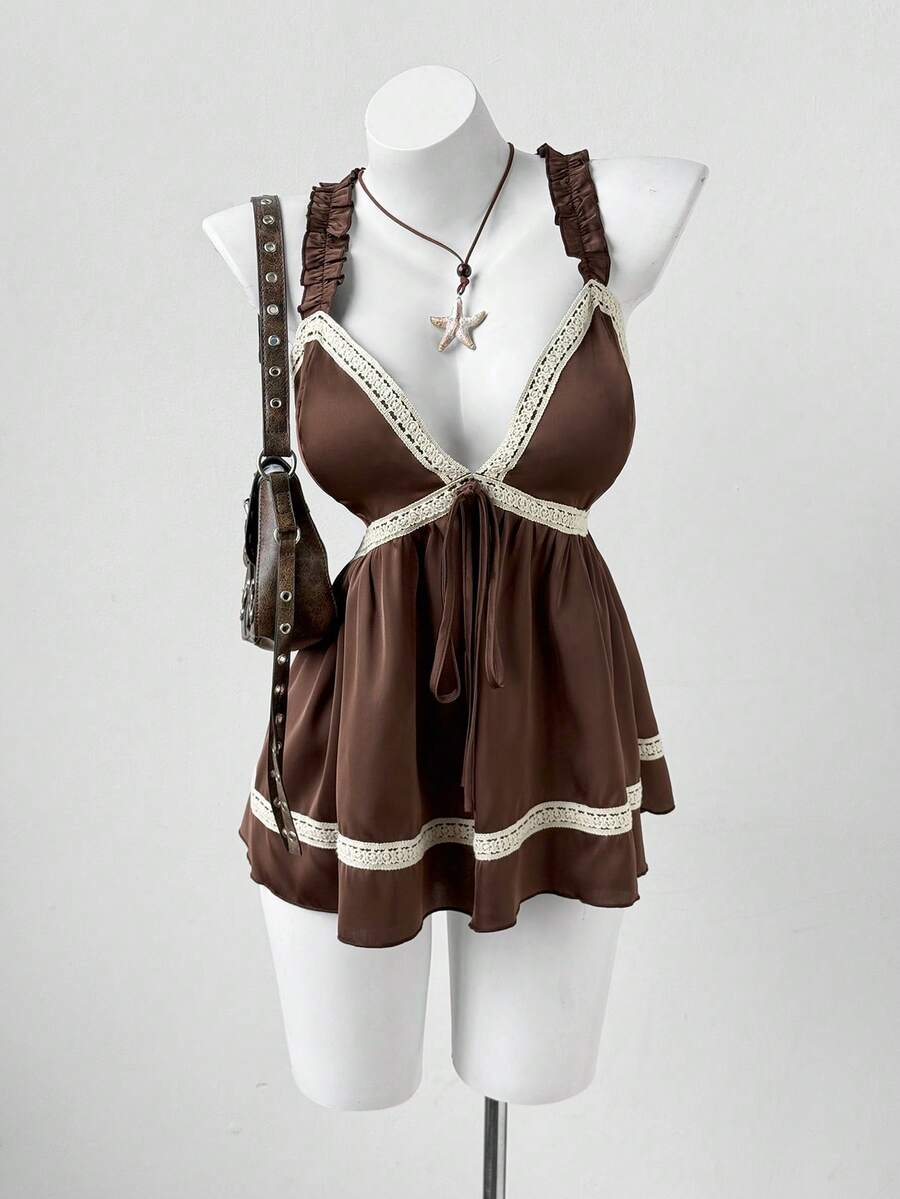 Sunspun New Arrival Sweet Elegant Going Out Tops, Bow Accent, Acetate Linen Blend Lace Trim Bowknot Ruffle Hem Cropped Camisole, Spring/Summer/Fall - Coffee Brown - View 1