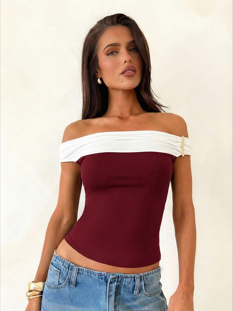 Aloruh Áo thun nữ thời trang dáng ôm, hở vai, phối màu tương phản - Đỏ - Xem 1