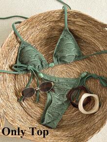 Swim Vcay-D Women's Spring/Summer Jacquard Fabric Beaded Halter Bikini Top - Army Green - View 1