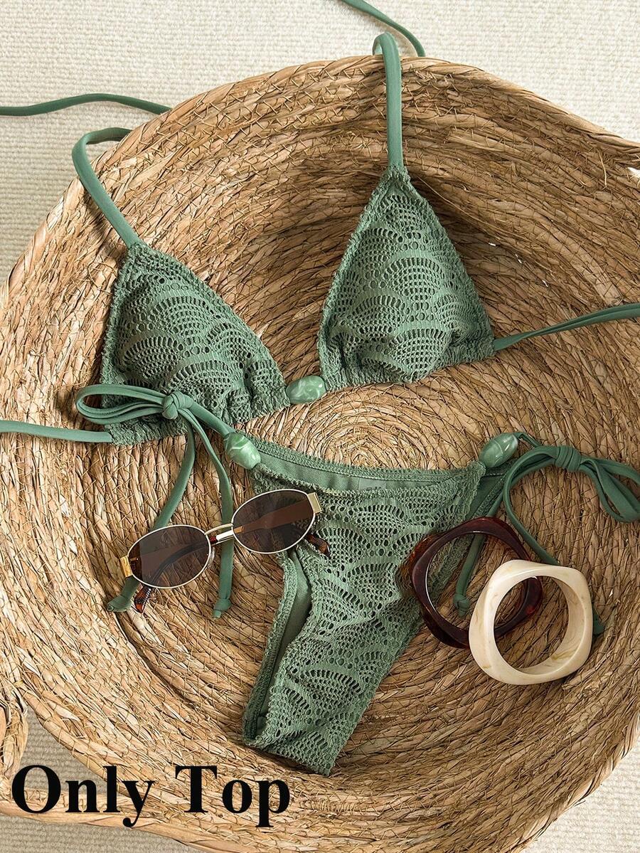 Swim Vcay-D Women's Spring/Summer Jacquard Fabric Beaded Halter Bikini Top - Army Green - View 1