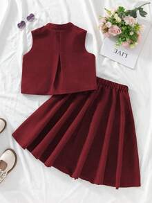 Tween Girl Solid Color Single-Breasted Vest And Mini Skirt Casual Set - Red - View 3
