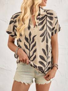 Breezaya Áo sơ mi nữ họa tiết thực vật phong cách thường ngày cho kỳ nghỉ - Màu Khaki - Xem 5