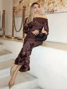 salliqueen 女士优雅花卉刺绣露肩中长连衣裙，秋季 - 咖啡棕 - 查看 6