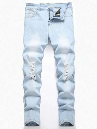 Manfinity LEGND Plus Size Men's Casual Fashion Distressed Light Blue Skinny Fit Denim Jeans Men Light Blue Jeans