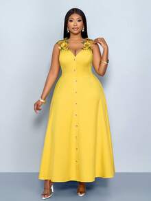 SOLERSUN Plus Size Women's Summer Elegant Yellow V-Neck Sleeveless Maxi Dress,3D Floral Embroidered Lace,A-Line Waist Cinched Vacation Holiday Resort Outfits - Yellow - View 6