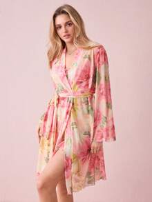 Bonmuse Fashionable Floral Print Lace Trim Camisole Nightgown And Robe Set For Women Lingerie Set With Robe Floral Robe 2 Piece Nightgown Sheer Robe Floral Nightgownfor Summer - Pink - View 9