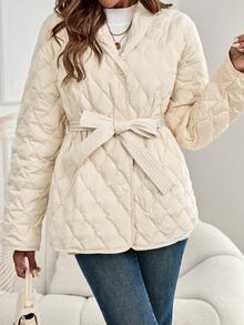 EMERY ROSE Women's Winter Plain Collarless Long Sleeve Short Casual Feather Down Coat - Apricot - View 4