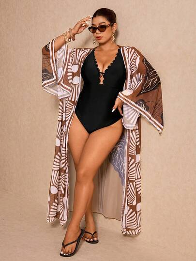 Elaquor Plus Size Black Elegant Minimalist Ruffle V-Neck One-Piece Swimsuit