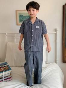 DAZY Young Boys Striped Short Sleeve Pajama Set - Grey - View 3