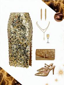 Ellevyn Gold Sequin High Slit Skirt, Elegant & Fashionable For Party - Gold - View 5