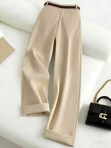 Franclia 时尚休闲百搭通勤卡其色女裤，春夏款，直筒宽松长裤，休闲女装，百搭日常休闲装，都市教师工作服，纯色百搭休闲裤，春季裤装，西装面料裤 - 卡其色 - 查看 2