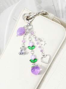 ROMWE Kawaii 1款全新创意可爱休闲甜美学院风紫色系列不对称天然石水钻爱心抱熊仿水晶星星爱心花桃子DIY钥匙扣包包挂件水杯挂件手机壳挂件，固定粘贴爱心饰品，适合女孩女士日常佩戴，节日礼物 - 紫色-20 - 查看 9
