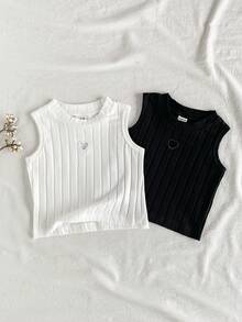 Genkimix Kids Young Girl Summer Casual Solid Color Heart Hollow Ribbed Tank Top - Black and White - View 3