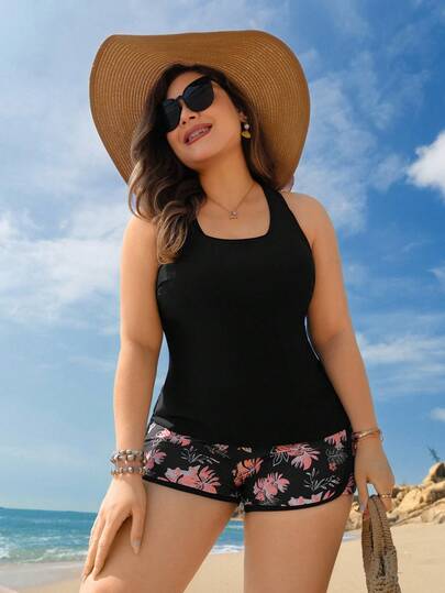 Swim Lushoire Plus Size Women 2 Pieces Swimsuit, Printed Tankini Swimwear For Summer Holiday