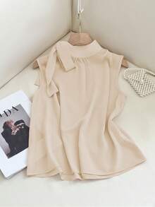 GlowEve Áo vest không tay cài nút, dây buộc bên hông, kiểu dáng thanh lịch Pháp, đa năng dành cho nữ, áo kiểu nữ, váy nữ, quần áo Ysk, quần áo nữ - Màu be - Xem 4