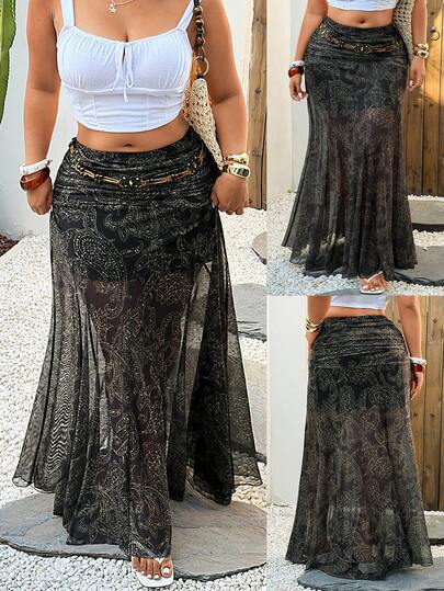 Sunnyshic Casual Elegant Minimalist French Low Waist Cashew Flower Pop Art Bohemian Beach Resort Bodycon Skirt For Plus Size Women