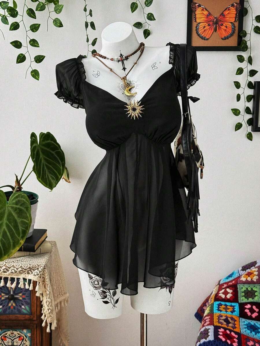 Sunspun Plus Size Women Casual Sexy Slit Blouse Shirt - Black - View 1