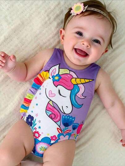 女宝宝可爱独角兽和花卉渐变印花连体泳衣，夏季海滩度假