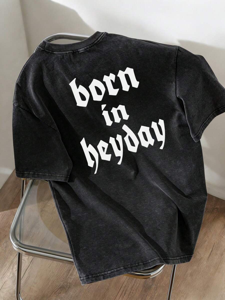 Manfinity Hypemode 男士休闲字母图案圆领短袖T恤，夏季 - 黑色 - 查看 1