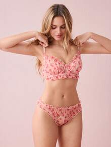 Bonmuse 2 件套女士性感内衣：粉色牡丹印花网眼褶皱钢圈性感文胸搭配褶皱丁字裤性感内裤，可爱 - 粉色 - 查看 4