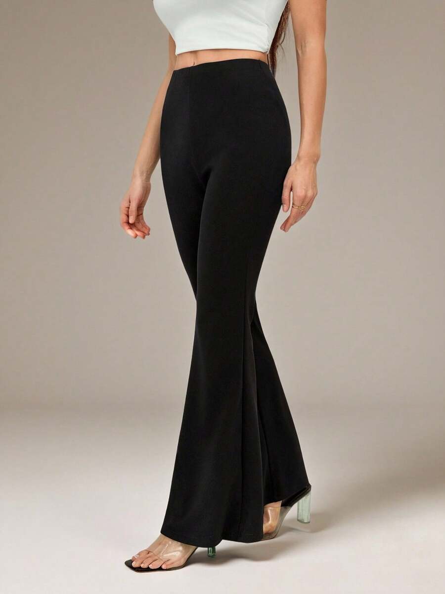 SHEIN Tall Solid Flare Leg Spring Black Elegant Pants - Black - View 1
