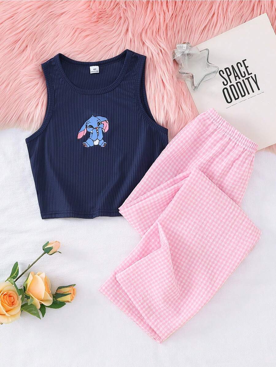 Genkimix Kids Girls' Blue Ribbed Texture Vest With Cute Blue Rabbit Print & Pink Plaid Pants 2 Pieces Comfortable Pajama Set - Navy Blue - View 1