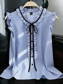 EMERY ROSE Plus Size Women's Striped Ruffled Sleeve Blouse With Elegant Bow Collar For Daily Work And Casual Wear - Blue - View 1