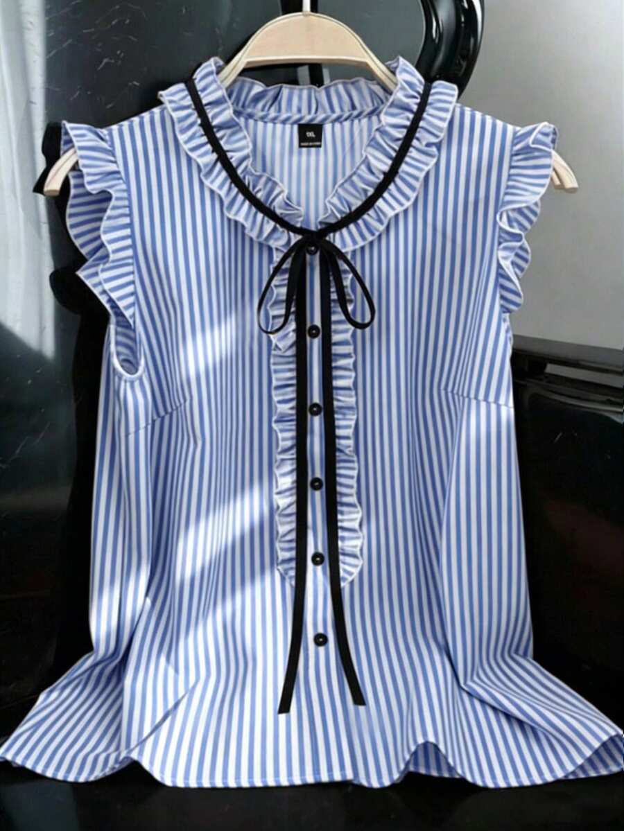 EMERY ROSE Plus Size Women's Striped Ruffled Sleeve Blouse With Elegant Bow Collar For Daily Work And Casual Wear - Blue - View 1