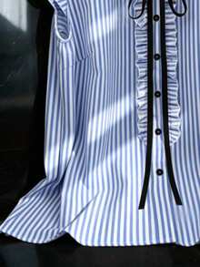 EMERY ROSE Plus Size Women's Striped Ruffled Sleeve Blouse With Elegant Bow Collar For Daily Work And Casual Wear - Blue - View 4