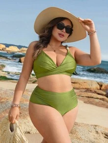 Swim Lushoire Đồ bơi hai mảnh cỡ lớn dành cho nữ, màu trơn, chất liệu vải Thor, dây đeo chéo, đính hạt. - màu xanh lá - Xem 5