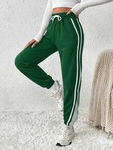 Cottnline Contrast Side Seam Drawstring Waist Slant Pocket Sweatpants - Army Green - View 5