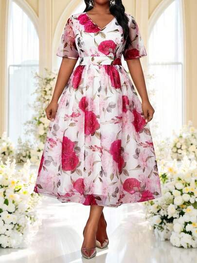 Fleurora Spring And Summer Elegant Commuting Office Work Wedding Colorful Rose Red Woven V Neck Ball Gown Flared Midi Short Sleeve Plus Size Dresses Summer Dress Summer Dresses For Women Summer Outfits For Women Festival Dresses Festival Outfits For Women Graduation Outfit For Mother Dress For Wedding Guest Wedding Guest Dress Graduation Outfit For Mother Birthday Dress Birthday Outfits For Women Elegant Dresses For Women Elegant Dresses Floral Dress Floral Dresses For Women Plus Size Women V-Neck Floral Print Elegant Waist Cinched Party Dress Pink Floral Dress For Women Floral Dress For Wedding Guest Elegant Spring Dress Pink Flower Dress Rose Dress