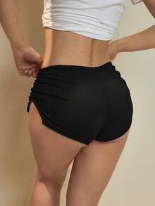 Swim Basics Quần short booty vải kẻ sọc xẻ tà xếp nếp mùa hè cho nữ, màu đen, đi biển, đi nghỉ, đơn giản - màu đen - Xem 3