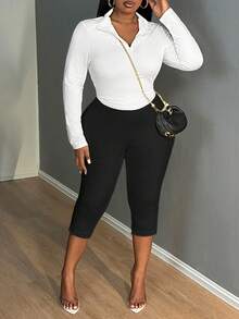 SHEIN SXY Solid Split Cropped Leggings, Casual Elastic Waist Every Day Stretchy Leggings, Women's Plus Clothing - Black - View 6