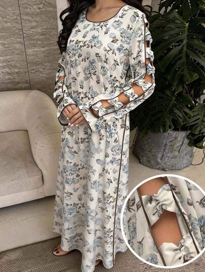 Yasmyna Women's Floral Print Long Dress Floral Dress  Elegant Dresses Summer Beach Vacation Outfits Cutout Cuffs With Bow Design