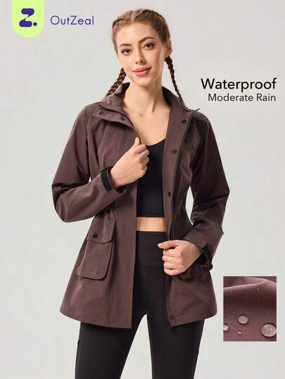 OutZeal 女士运动夹克 黑色 露营徒步 防水 及臀 抽绳腰带 户外上衣