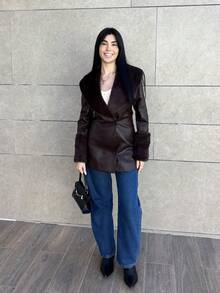 Hitanina Women's Solid Color Faux Fur Collar Long Sleeve Double-Breasted PU Leather Slim Elegant Jacket, Autumn/Winter - Coffee Brown - View 1