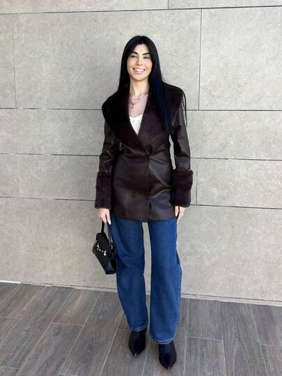 Hitanina 女式纯色仿毛领长袖双排扣 PU 皮革修身优雅夹克，秋冬