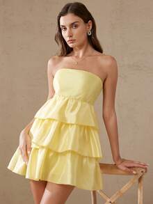 BELROSIE Robe mini bustier vintage de station balnéaire en tissu satin brillant, minimaliste, ajustée, à plusieurs couches, avec jupe bouffante - Jaune citron - Voir 4