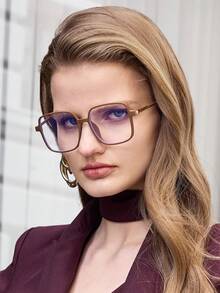 Visivana 1pc Unisex Square Simple Everyday Versatile TR Semi-Metal Clear Lens Glasses Modern Elegant Fashion Accessories - Brown - View 3