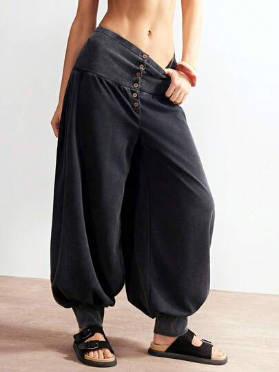 Bohemela Women's Casual Solid Color Knit Loose Relaxed Fit Drawstring Ankle Pants