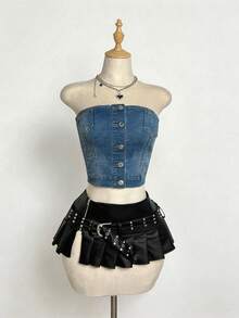 Elamini Top bustier de mezclilla versátil y de moda para citas/viajes - Azul lavado medio - Ver 1