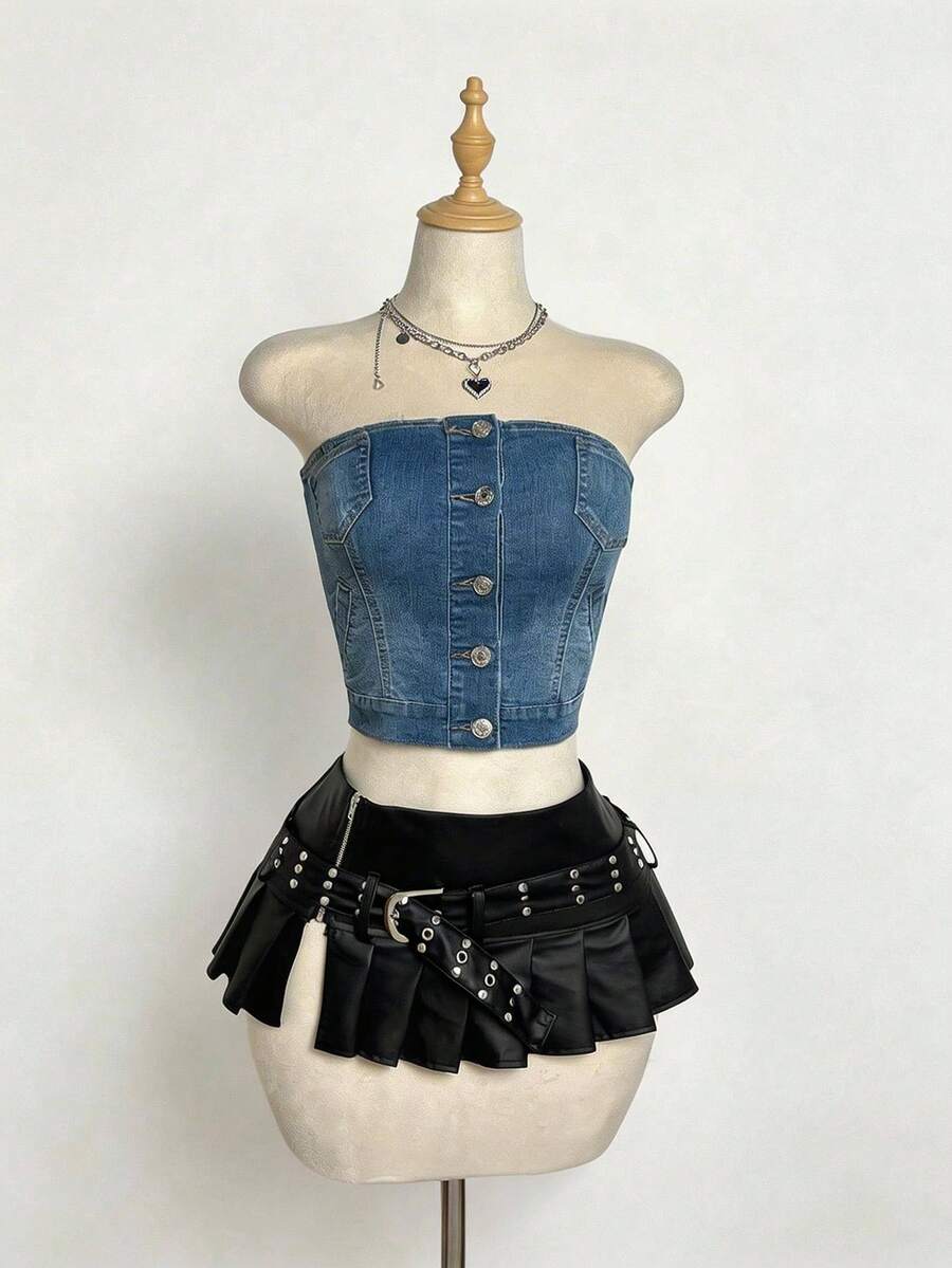 Elamini Top bustier de mezclilla versátil y de moda para citas/viajes - Azul lavado medio - Ver 1