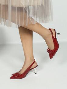 CUCCOO CHICEST Sapatos Femininos: Mini Laço Decorativo Bico Fino Salto Agulha Metalizado Prata, Sapatos Slingback de Couro Sintético Vermelhos Altos Elegantes e Únicos com Estilo Punk para Moda de Rua, Transporte, Festa de Natal e Ano Novo, Clima de Outono e Inverno - Vermelho - Visão 9