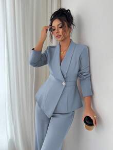 Elenzga 女士套装，西装面料，翻领，长袖，收腰A字不对称下摆，金属纽扣装饰，精致优雅，适合办公室、通勤、街头风、法式浪漫、休闲、中东复古、下午茶、派对、感恩节、返校季以及春秋冬季穿着。 - 霧霾藍 - 查看 4