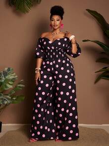 Maweii Plus Size Off-Shoulder Polka Dot Drawstring Waist Short Sleeve Jumpsuit - Black - View 6