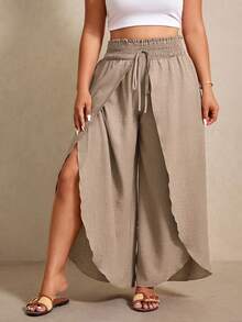 Elaquor Plus Size Women Solid Color Waist Tie Loose Leg Pants For Vacation - Khaki - View 4